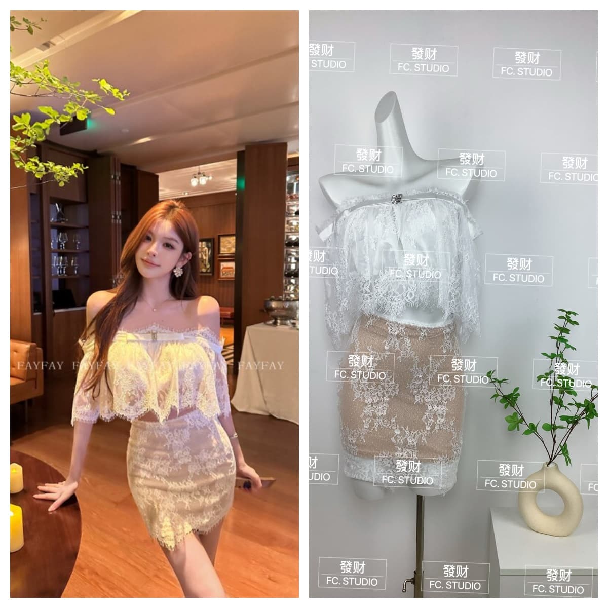 fay 하얀 달빛 나비 매듭 오프숄더 쇼트 스타일 명문 여성 튜브탑 치마 레이스 세트