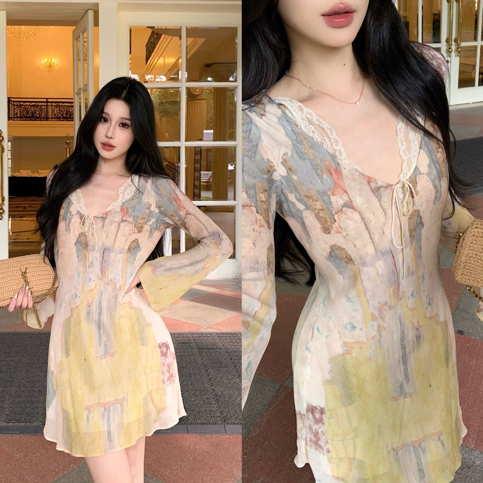 liora 오래된 흔적 프랑스식 품격 허리 수축 슬림해 보이는 프린트 나팔 소매 드레스 이미지 4