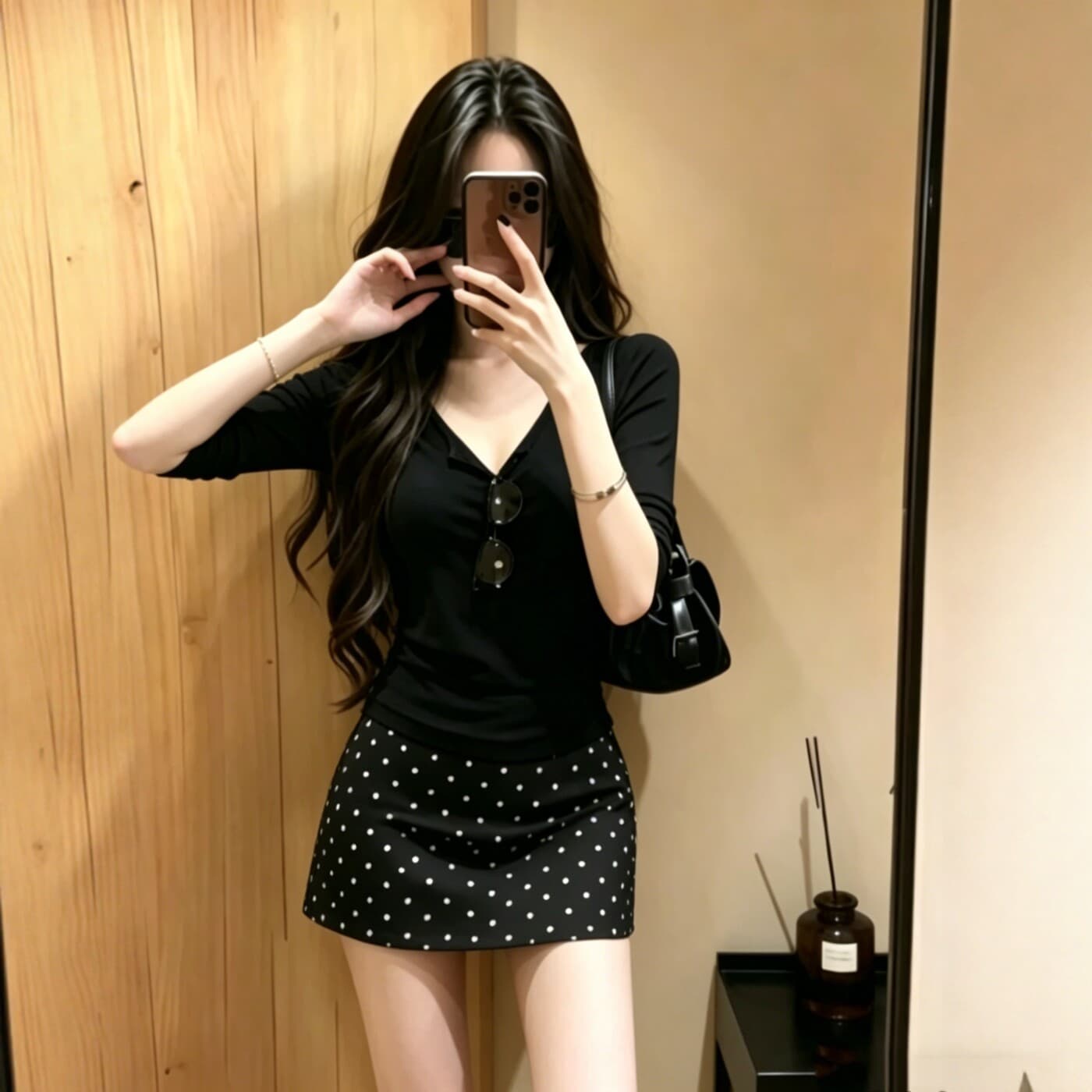 순수한 욕망 바람 핫걸 세트 여성 여름 새로운 검정색 V넥 중간 소매 티셔츠 경기 하이웨이스트 도트 무늬 반신 스커트 투피스 세트 이미지 2