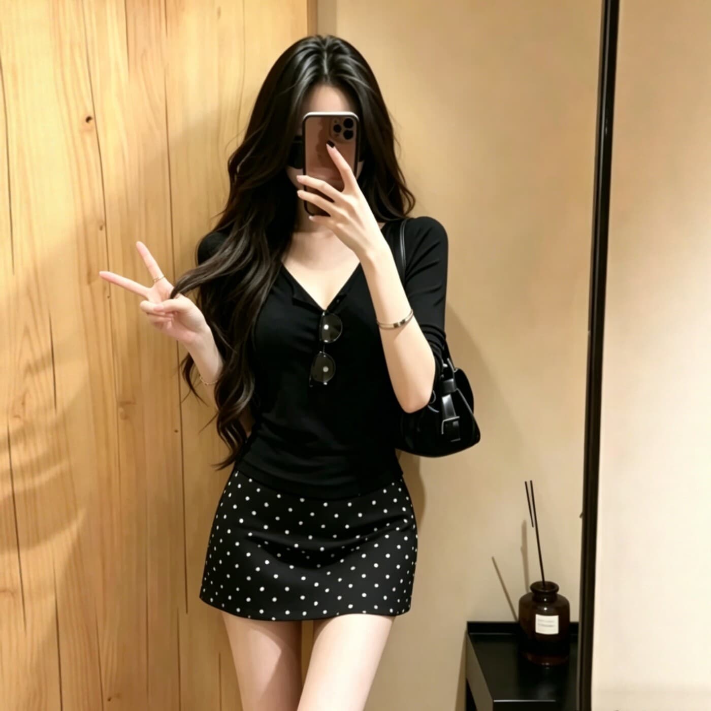 순수한 욕망 바람 핫걸 세트 여성 여름 새로운 검정색 V넥 중간 소매 티셔츠 경기 하이웨이스트 도트 무늬 반신 스커트 투피스 세트 이미지 3