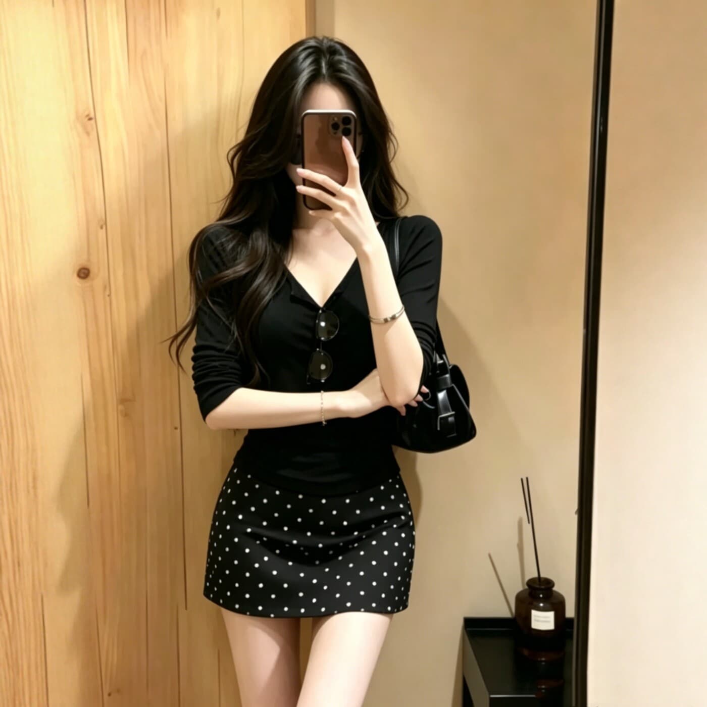 순수한 욕망 바람 핫걸 세트 여성 여름 새로운 검정색 V넥 중간 소매 티셔츠 경기 하이웨이스트 도트 무늬 반신 스커트 투피스 세트 이미지 4