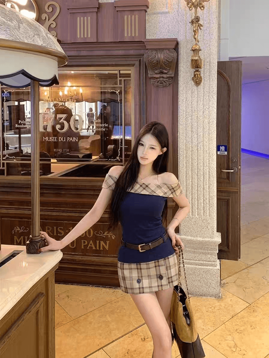 여름 전체 집합 체크무늬 패치워크 맨위 코디 체크무늬 미니 스커트 패션 세트 슬림해 보이는 다용도 이미지 2
