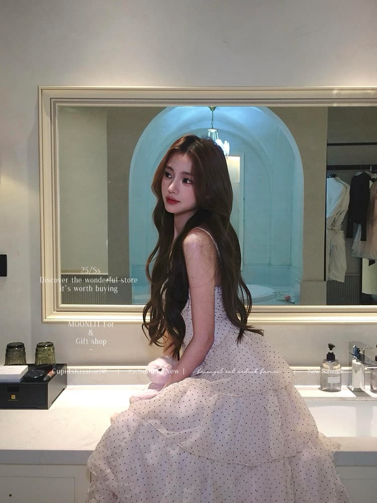휴일 휴가 바람 핑크색 도트 무늬 슬립 드레스 다중 레이어 레이스 몸매 가꾸기 케이크 롱 스커트 이미지 2