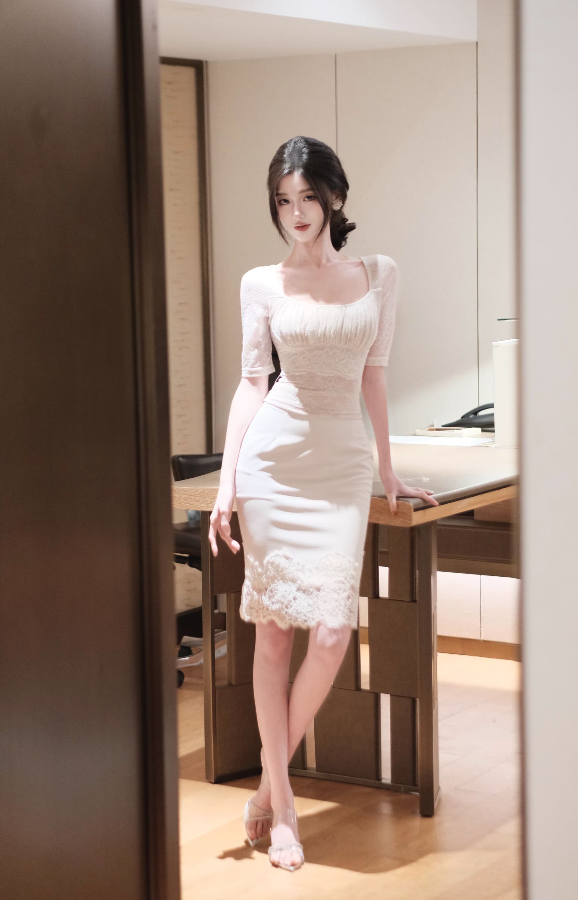 봄날 사역 얕은 살구 연기 부드러운 광장 칼라 섹시함 허리 수축 맨위 타이트 스커트 반신 치마 세트 c26617 이미지 2