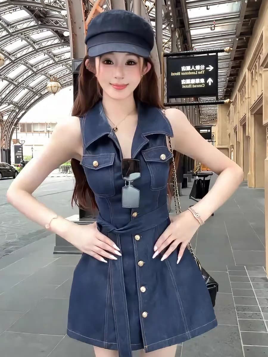 천 금빛 바람 파란색 데님 여성 드레스 2026 여름 새로운 민소매 폴로 칼라 품격 출퇴근 고급 센스 이미지 2