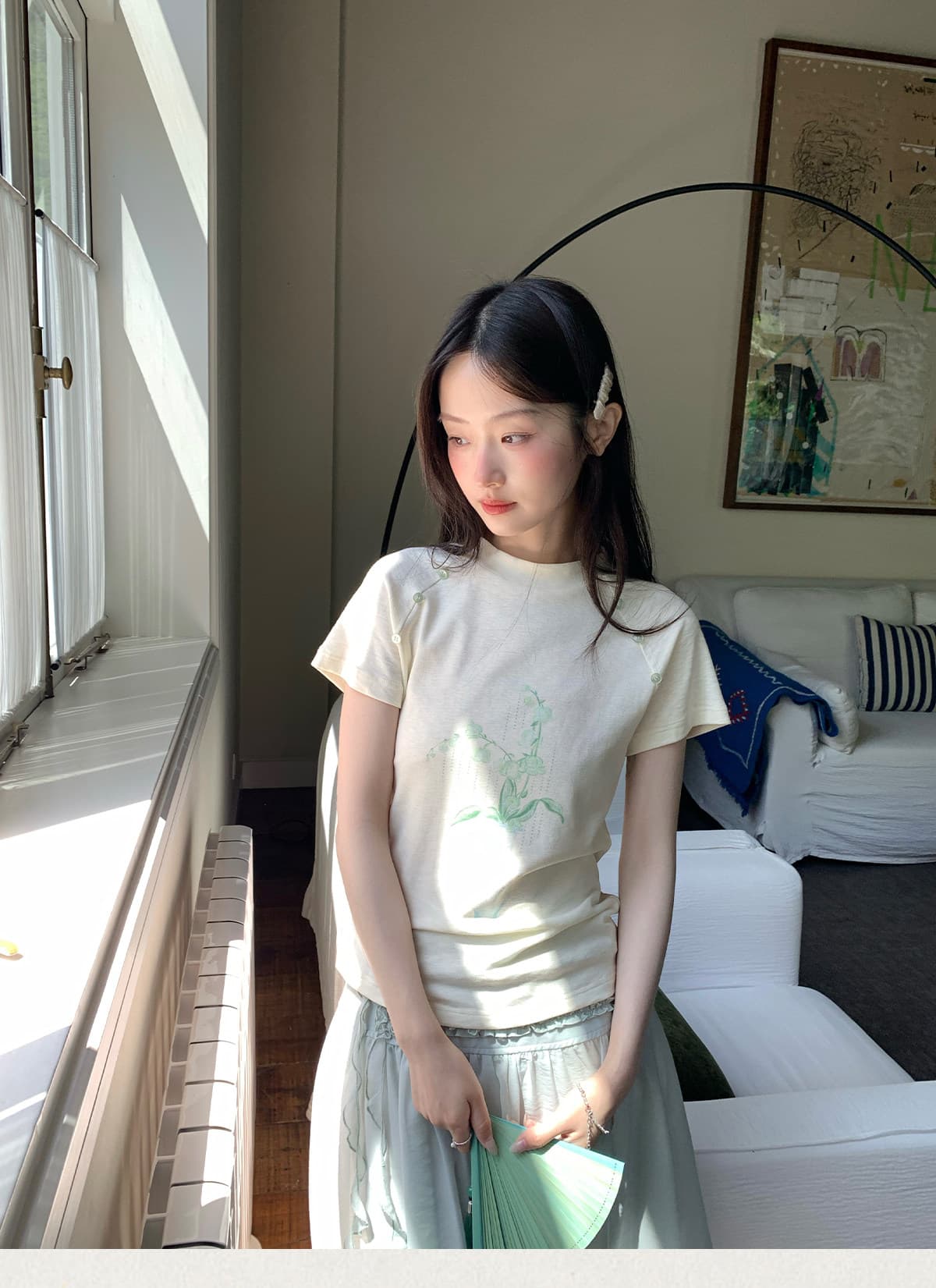 나무 차 작은 갈대 벨 캐주얼 바람 프린트 반팔 티셔츠 패션 반 스커트 세트 이미지 4