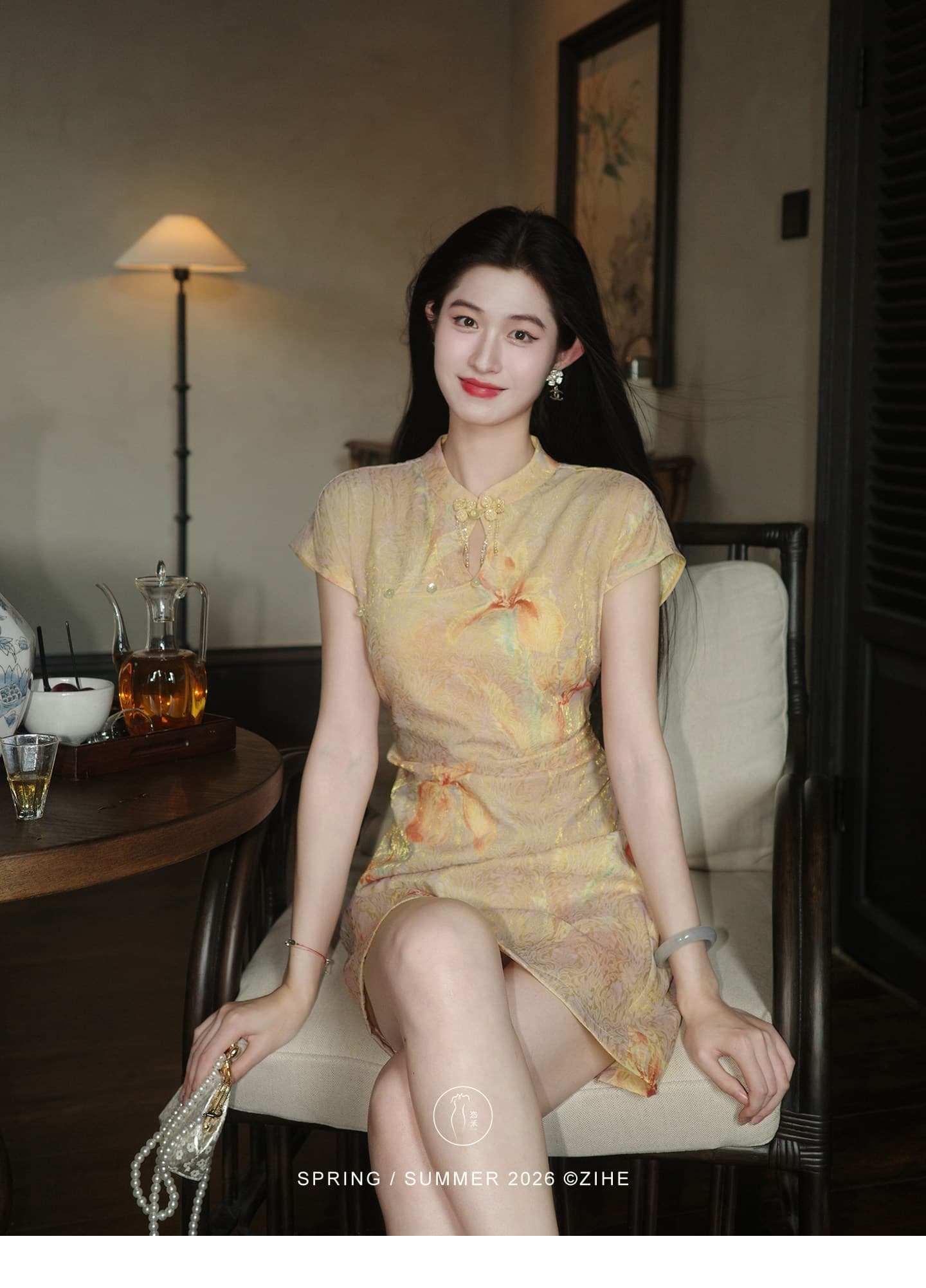 링 茜 거만한 와우 일어나세요. 시간 유 꿈 새로운 중식 플로팅 라이트 브로케이드 홀로우 아웃 스탠드 칼라 단추 허리 수축 슬림해 보이는 치파오 드레스 이미지 4