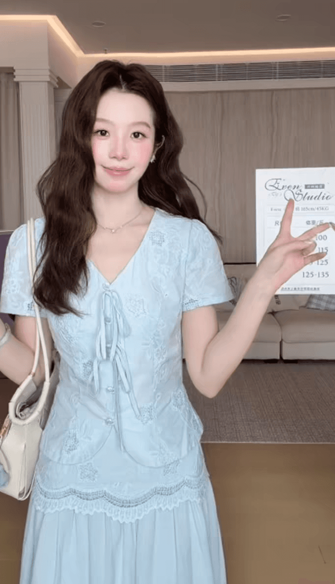 even 원자바오 아일랜드 전복 한 부서 높음 지혜 센스 맨위 반 스커트 투피스 세트 프랑스식 자수 허리 수축 세트 이미지 3