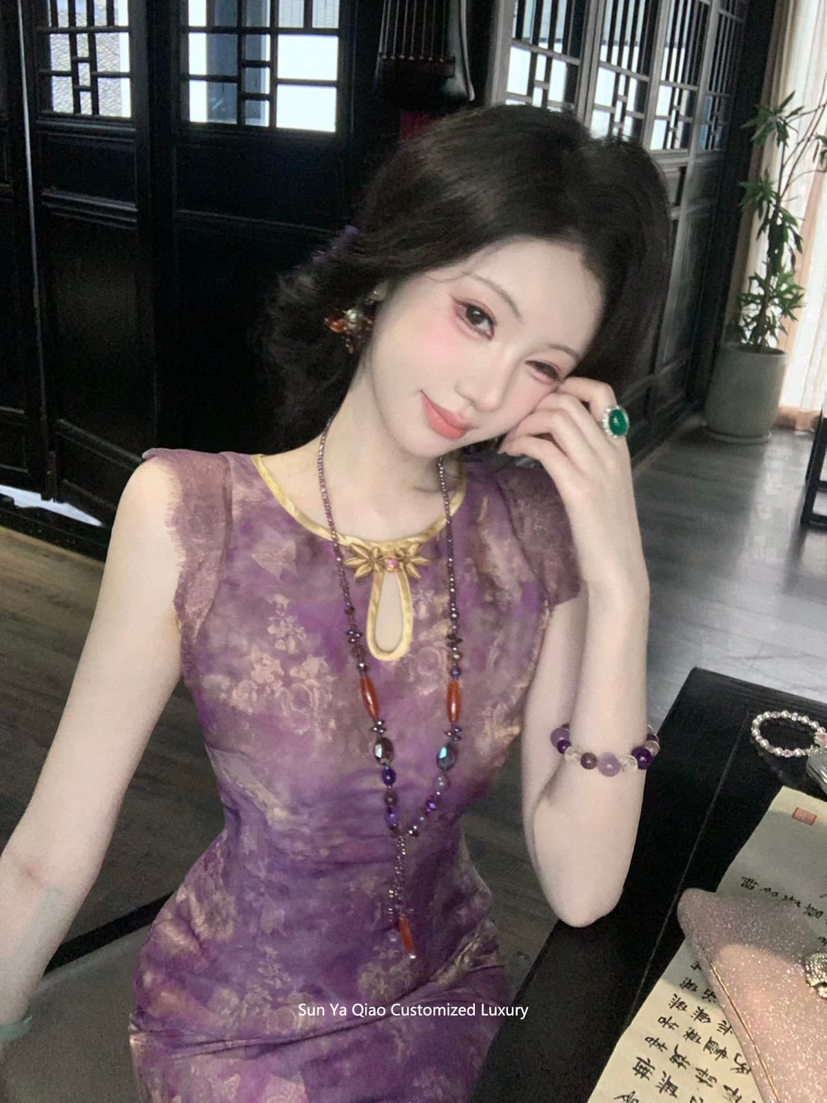 우아한 조 맞춤 장미 옥 포함 챕터 레이스 날다 소매 허리 수축 새로운 중식 개선 치파오 dycc 이미지 3
