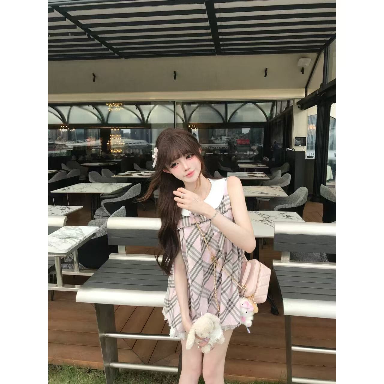 인형 기억하다 분말 블랙 회색 배색 체크무늬 민소매 행침 어깨 폴로 칼라 프릴 드레스 이미지 2