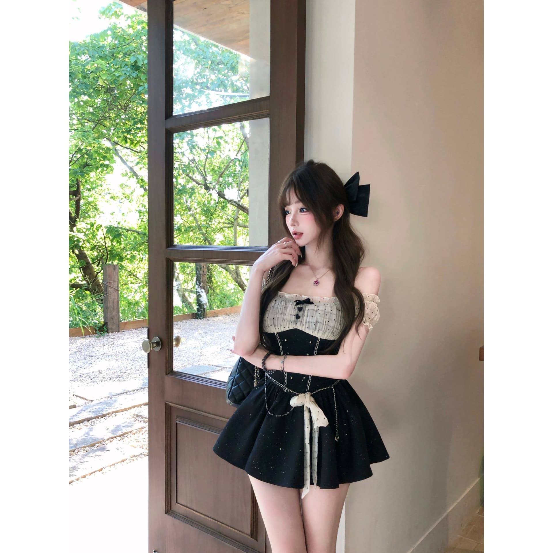 린 린 있음 바쁜 스타 가을 스페이드 순수한 욕망 달콤한 차가운 좋은 플래시 징 나비 매듭 버클 질감 망사 드레스 이미지 2