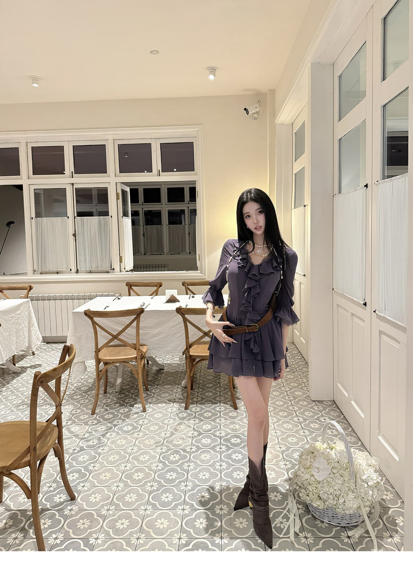 barb chill 바이올렛 꽃말 삼색 프릴 V넥 높음 허리 수축 드레스 저녁 식사 작은 모임 이미지 3