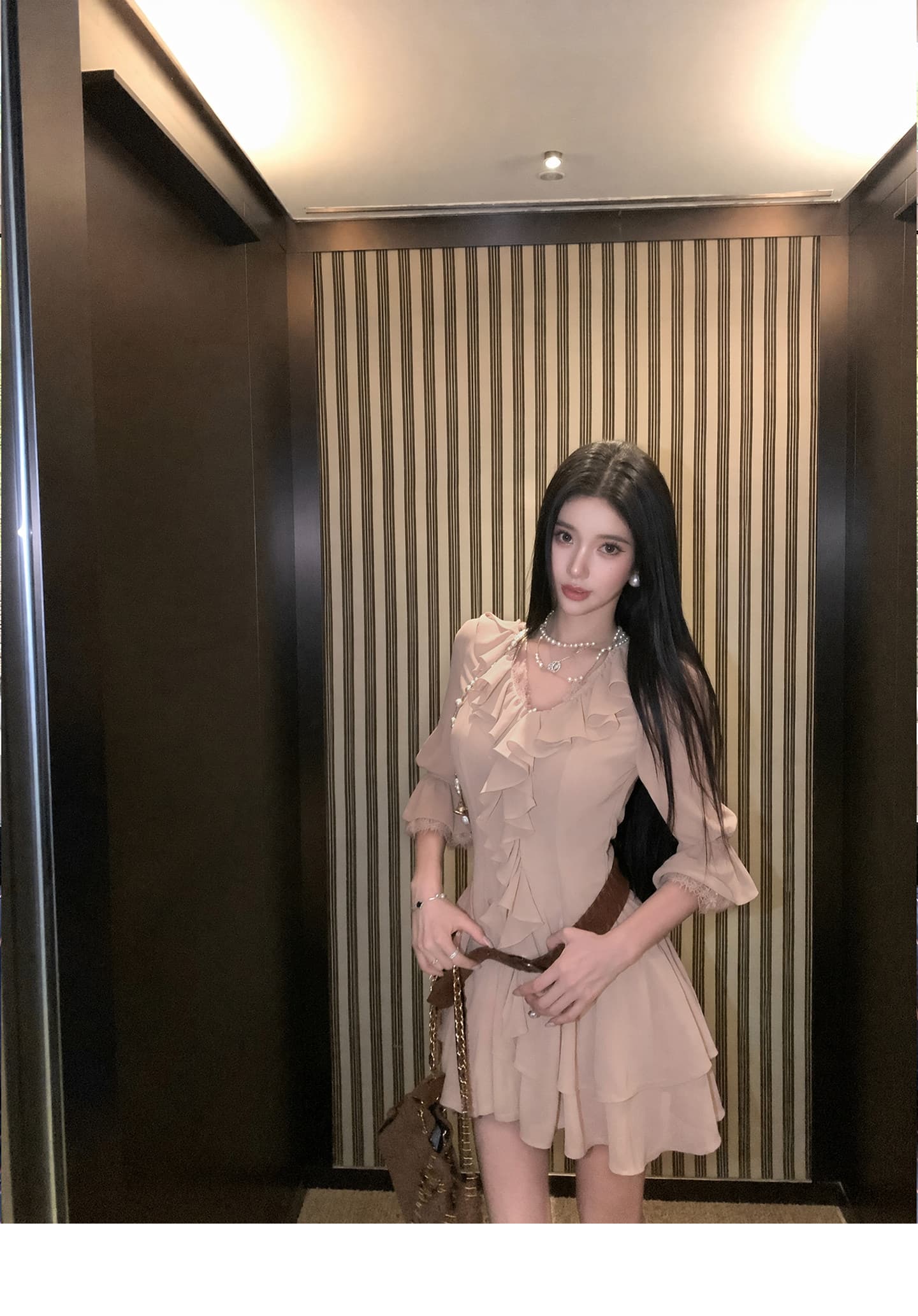 barb chill 바이올렛 꽃말 삼색 프릴 V넥 높음 허리 수축 드레스 저녁 식사 작은 모임 이미지 4