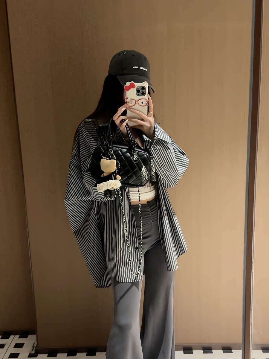 폭발 전체 집합 한국 스타일 착용 가져 가라. 루즈핏 스트라이프 셔츠 캐미솔 레이스업 부츠컷 캐주얼 바지 3종 세트