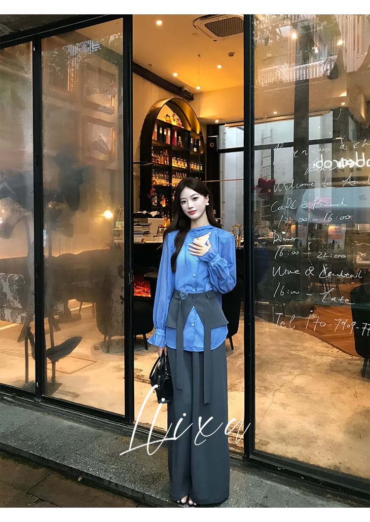 프랑스식 코치 출퇴근 세트 여성 파란색 V넥 도트 무늬 셔츠 루즈핏 도루 센스 캐주얼 긴 바지 투피스 세트