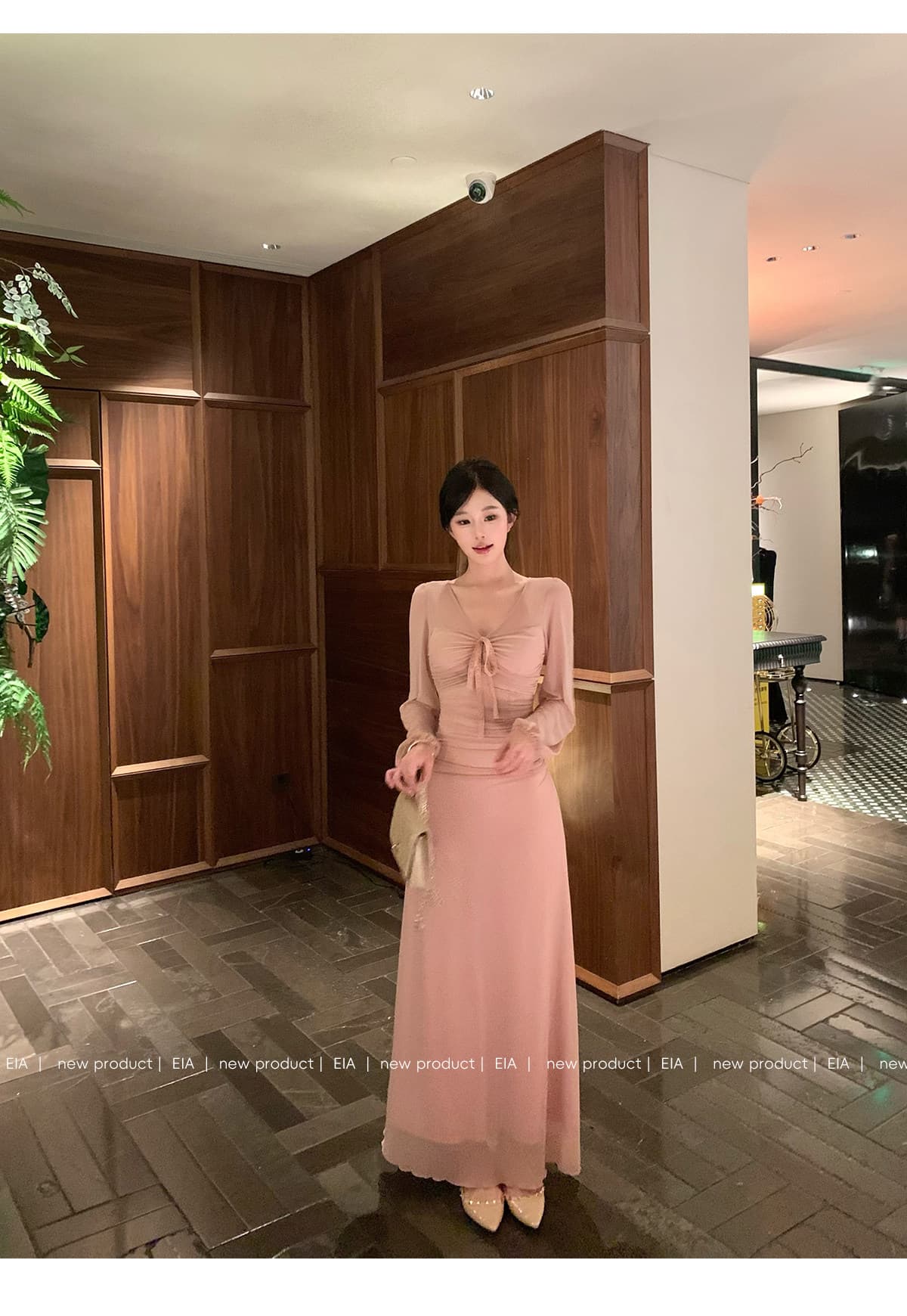 eia 하나 야오 복숭아 비밀 상황 프랑스식 부드러운 바람 롱 스커트 허리 수축 핀치 Pleat 슬림해 보이는 몸매 가꾸기 긴팔 드레스 가을 이미지 3