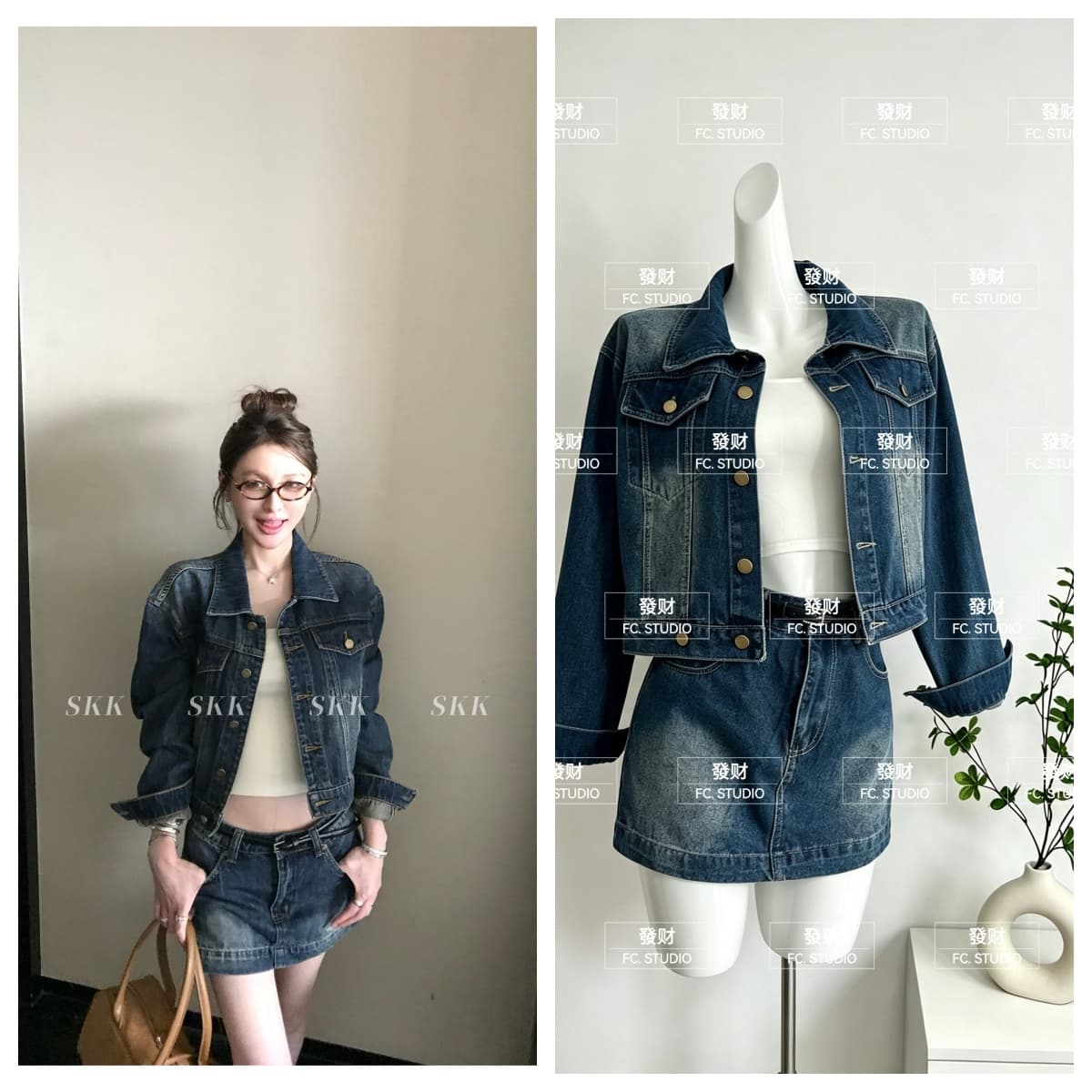 skk store 느슨함 타닌 핫걸 워싱 블루 면 부드러운 느슨함 자기 접촉 데님 재킷 미니 스커트 세트 여성