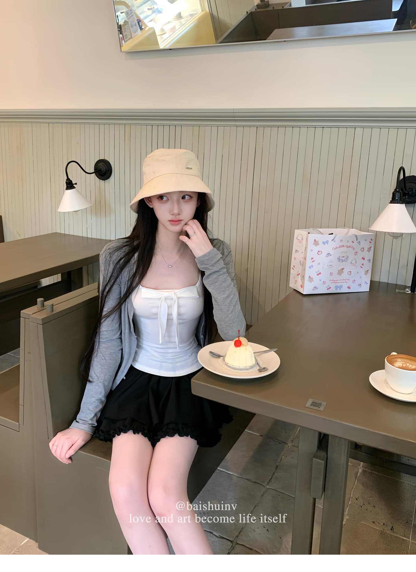 화이트 워터 여성 사랑 나비 매듭 u 칼라 나비 매듭 조끼 슬립 여성 이른 가을 한 부서 달콤함 몸매 가꾸기 세트 이미지 3