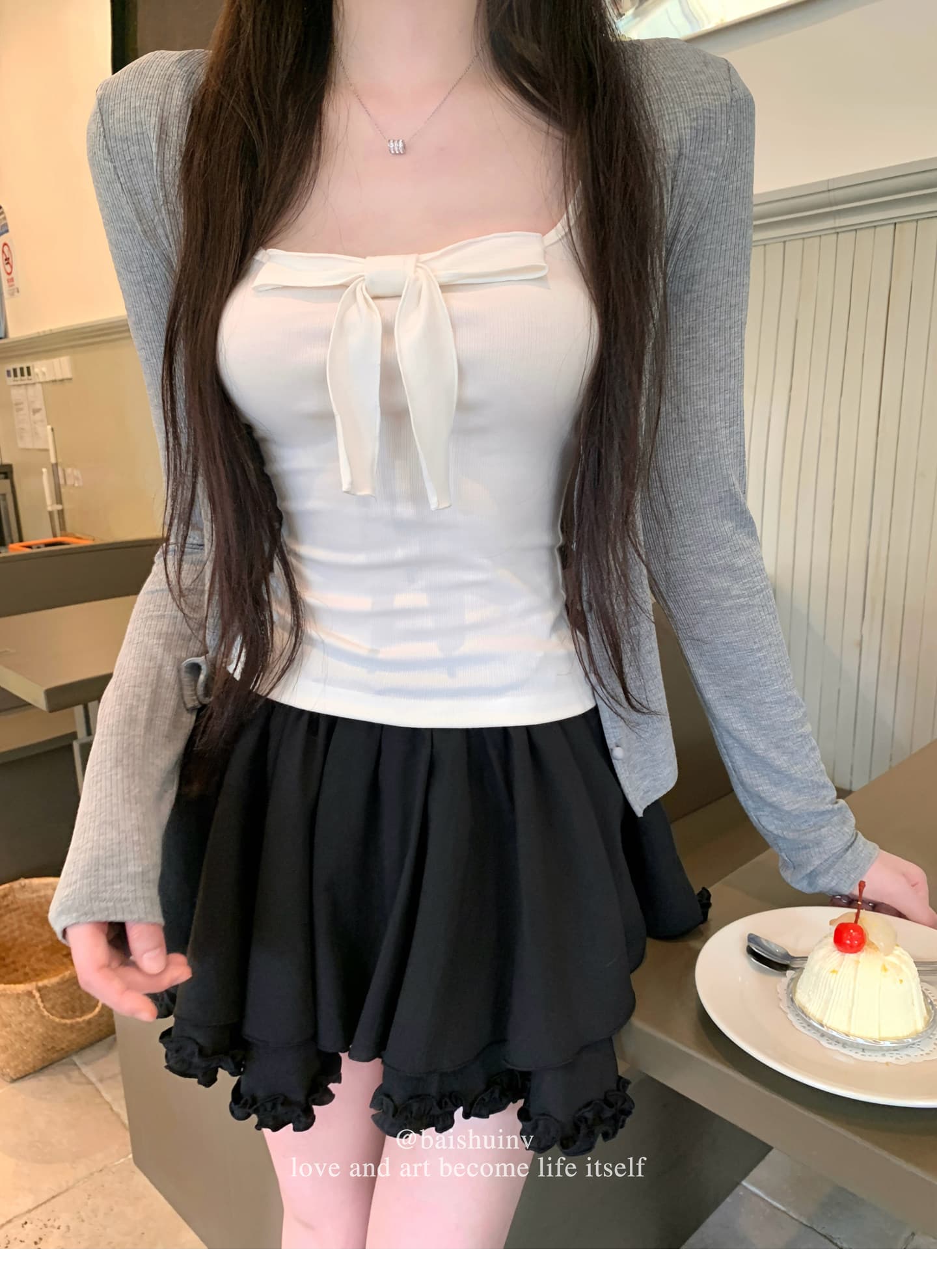 화이트 워터 여성 사랑 나비 매듭 u 칼라 나비 매듭 조끼 슬립 여성 이른 가을 한 부서 달콤함 몸매 가꾸기 세트 이미지 2
