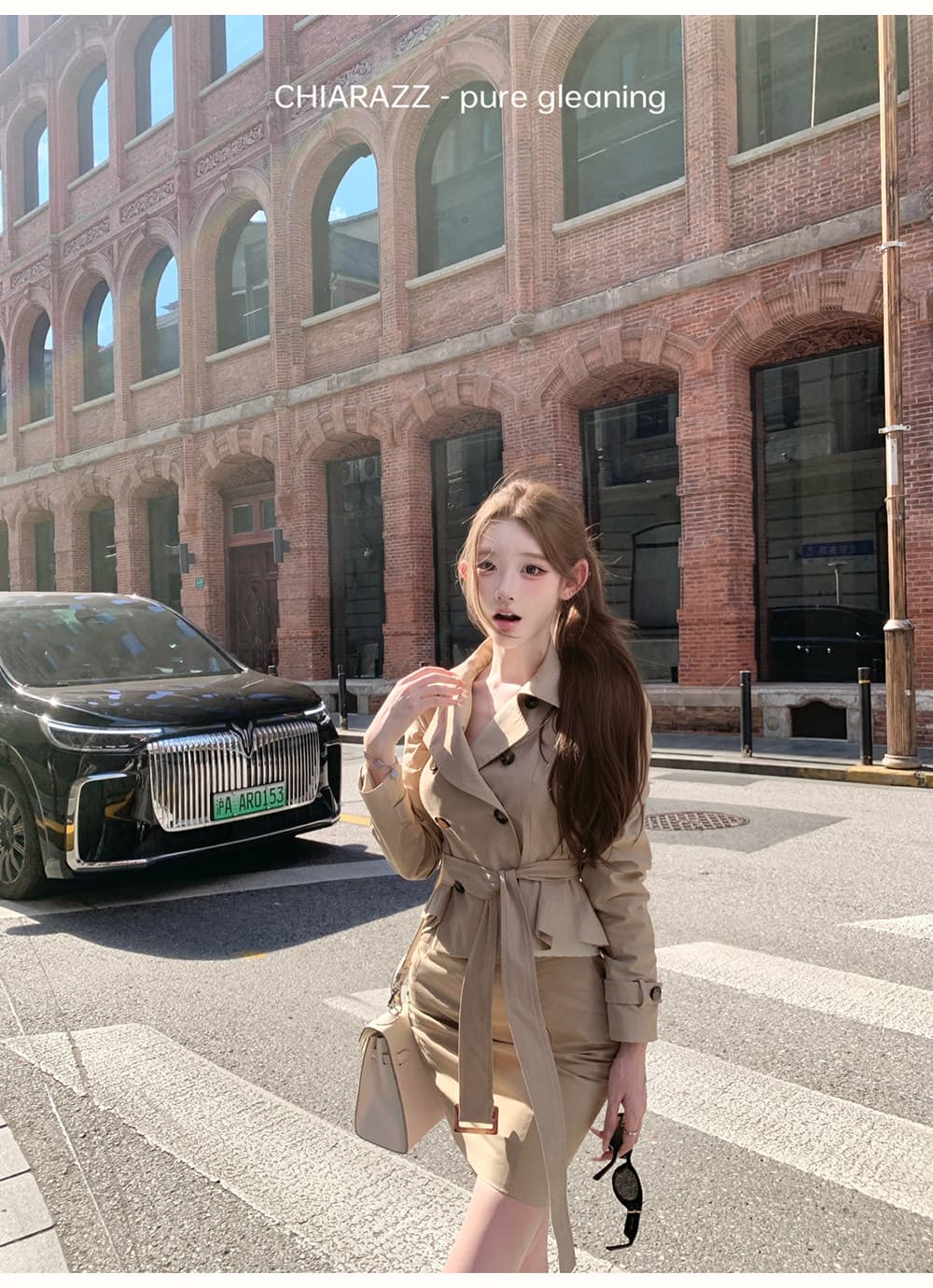 chiarazzwarm latte 탈착식 나비 매듭 쇼트 스타일 바람막이 반 스커트 세트 이미지 3