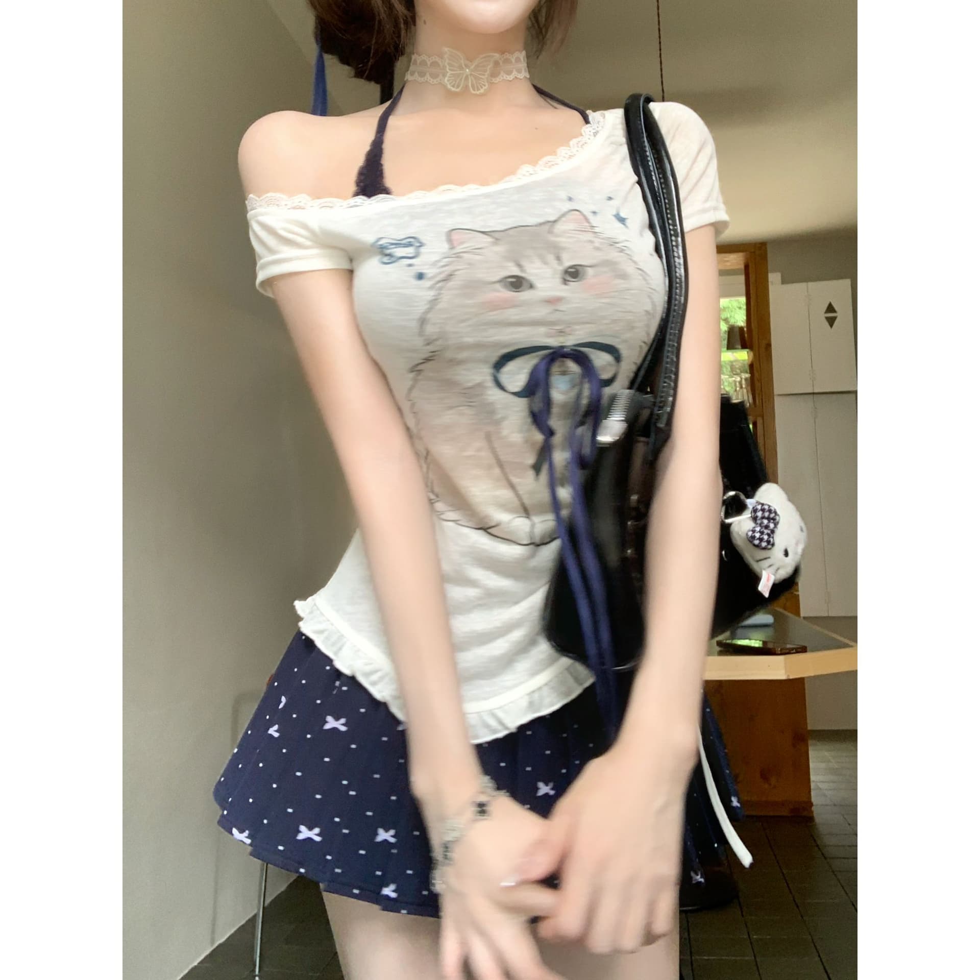 루이 茜 웨이 Sher S 파란색 작은 미 여름 귀여운 바람 작은 대중 디자인 만화 맨위 미니 스커트 r2742- 이미지 4