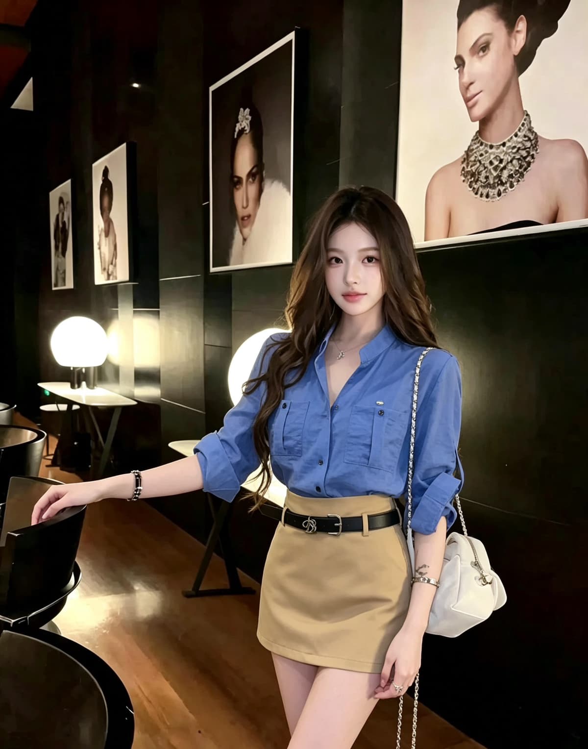 한 부서 미니멀리즘 품격 스탠드 칼라 루즈핏 긴팔 셔츠 하이웨이스트 슬림해 보이는 다용도 반신 스커트 투피스 세트 여성 의류