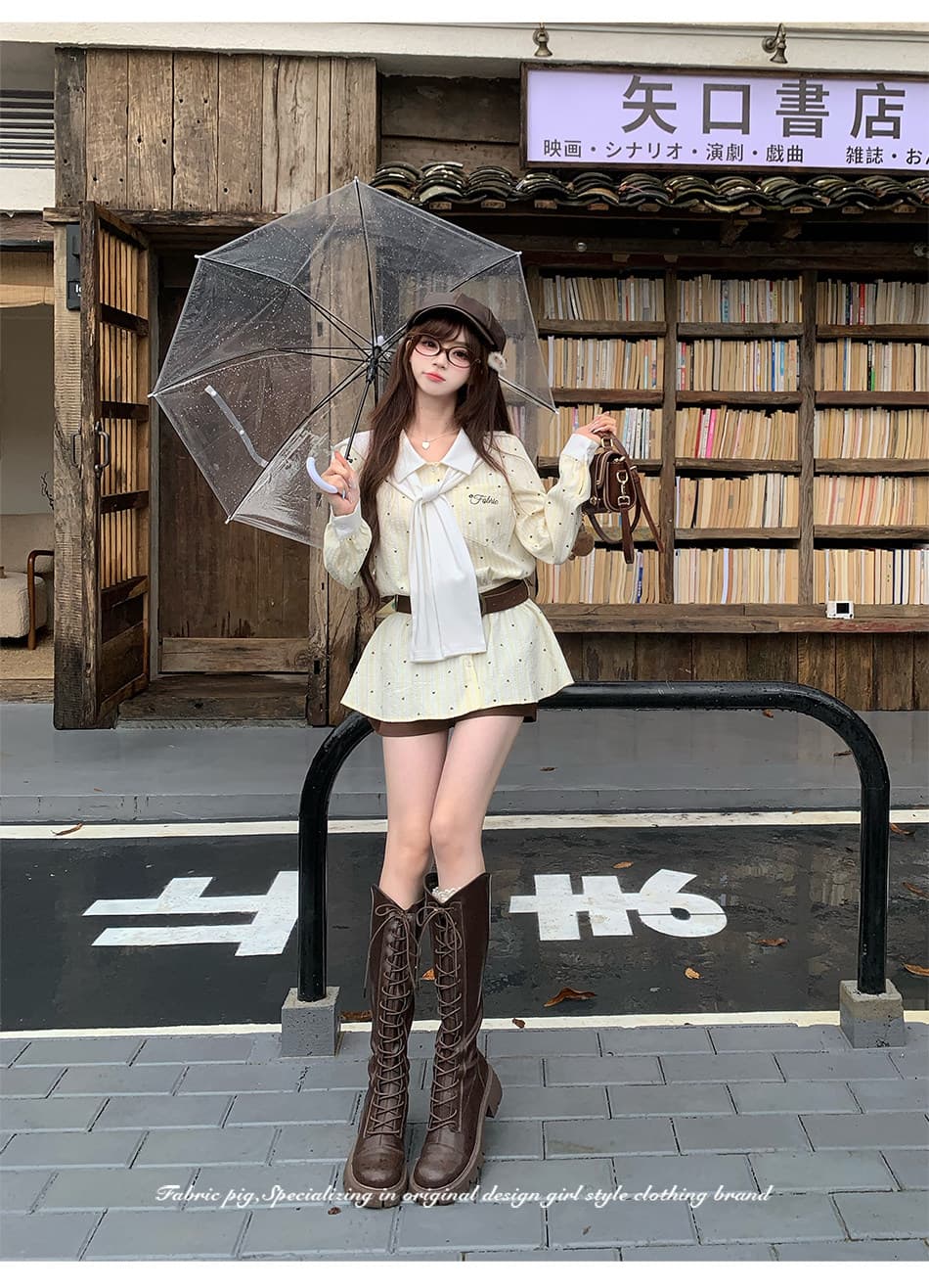 섬 사랑 직물 돼지 오리지널 한 부서 천 금빛 바람 스트라이프 도트 무늬 숄 긴팔 셔츠 이른 가을 반바지 이미지 3
