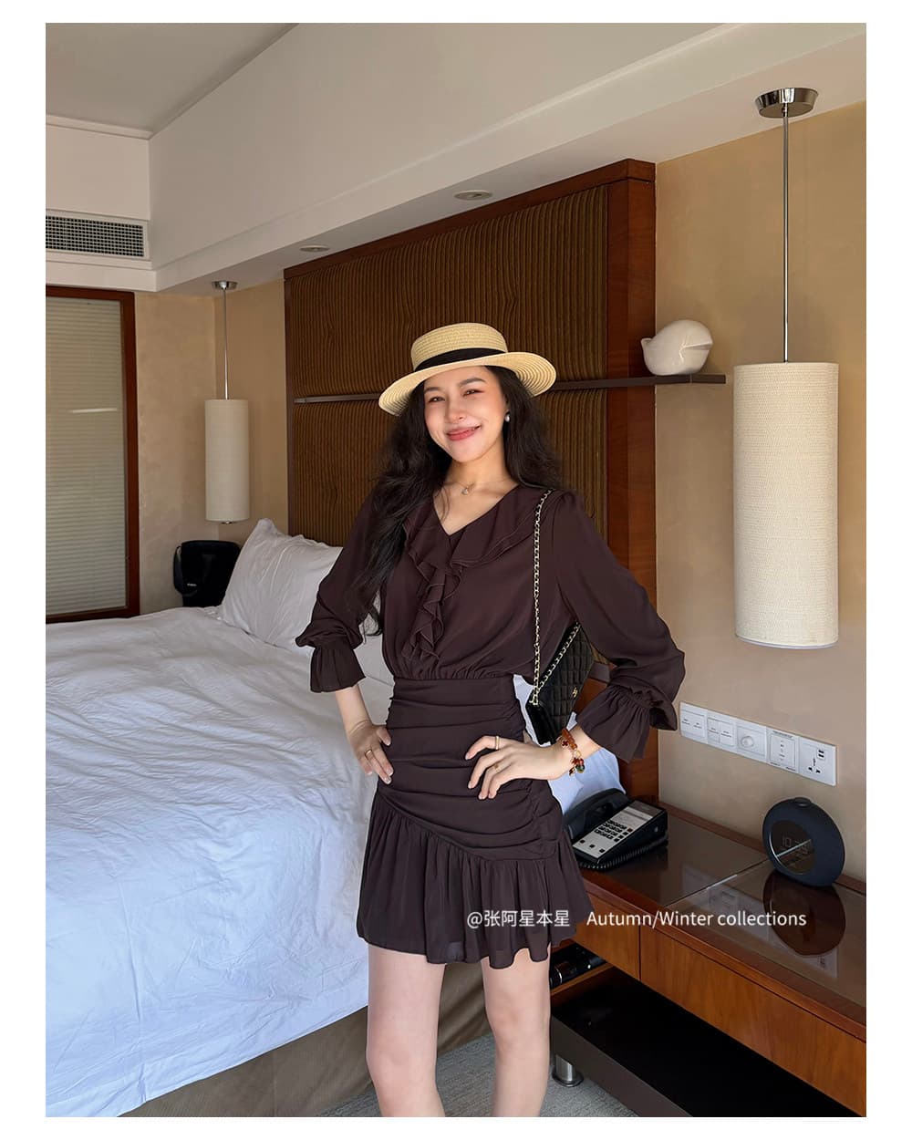 장 A 스타 여신 치마 우아함 품격 프릴 V넥 허리 수축 한 마디 치마 표지 고기 드레스 이미지 2