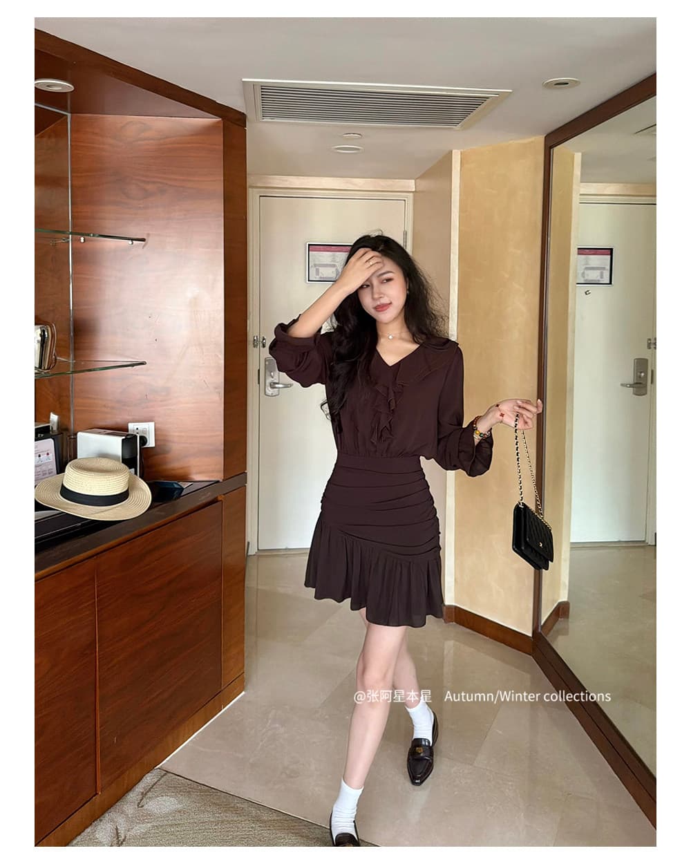 장 A 스타 여신 치마 우아함 품격 프릴 V넥 허리 수축 한 마디 치마 표지 고기 드레스 이미지 3