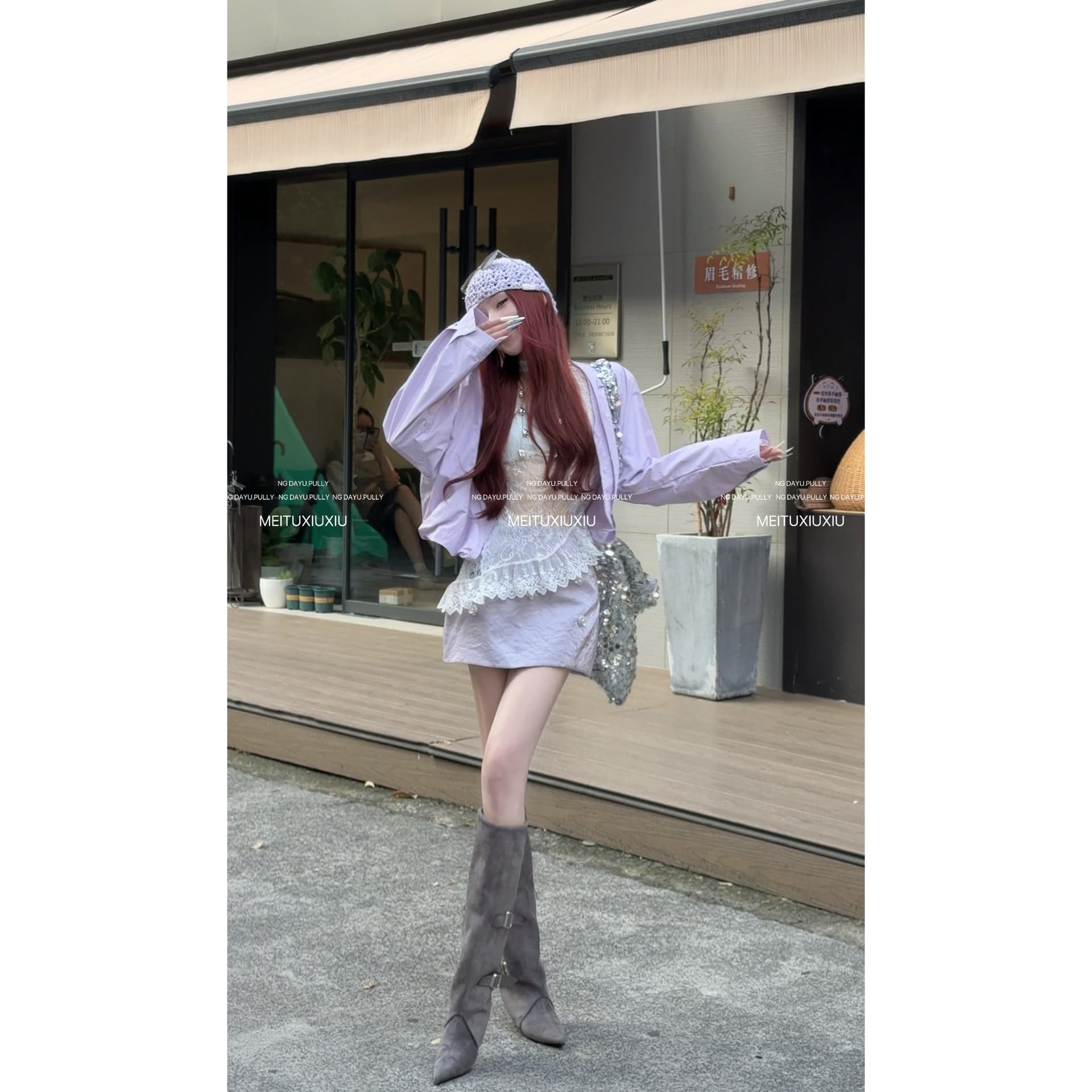 루이 茜 웨이 Sher S 꿈 언약 순수한 욕망 바람 슬림해 보이는 슬립 스웨터 코트 미니 스커트 3종 세트