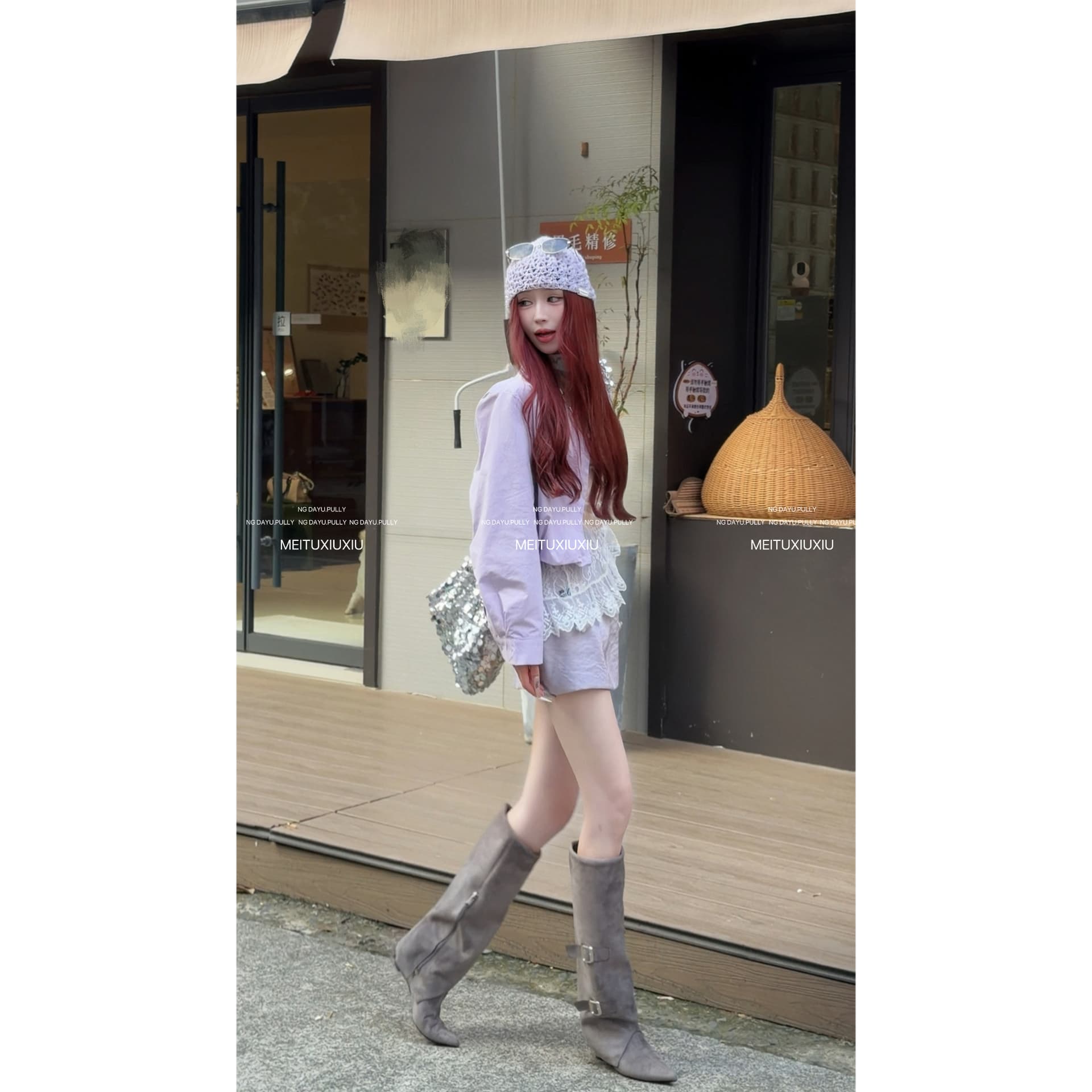 루이 茜 웨이 Sher S 꿈 언약 순수한 욕망 바람 슬림해 보이는 슬립 스웨터 코트 미니 스커트 3종 세트 이미지 2
