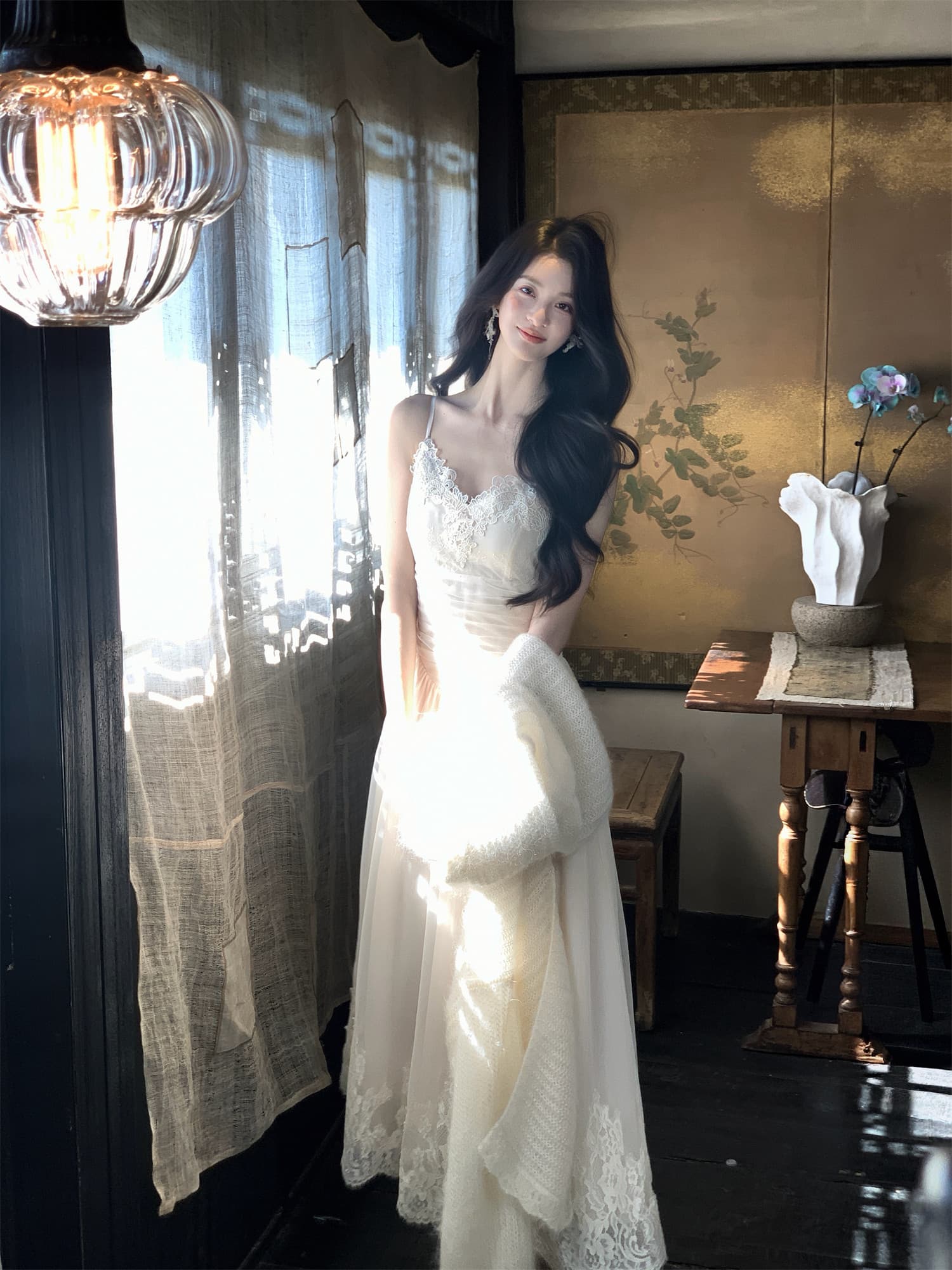 8.4 20 00pm 켜기 새로운 구름 수면 모헤어 오픈 가디건 니트 레이스 드레스 이미지 4