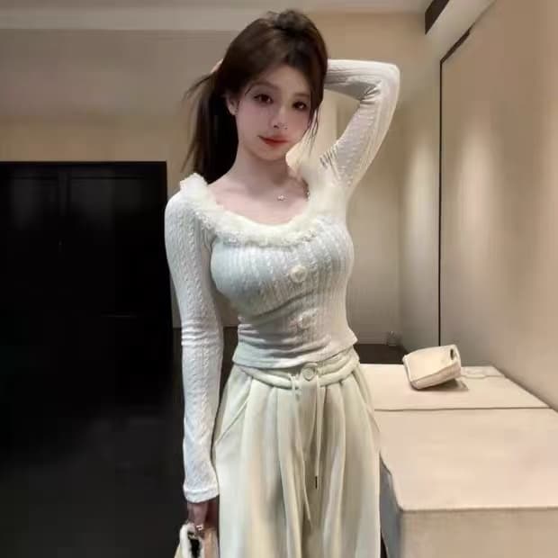 한국 스타일 레트로 모피 칼라 단추 꽈배기 V넥 니트 스웨터 여성 봄 가을 품격 몸매 가꾸기 슬림해 보이는 만나는 쇼트 스타일 맨위 이미지 5