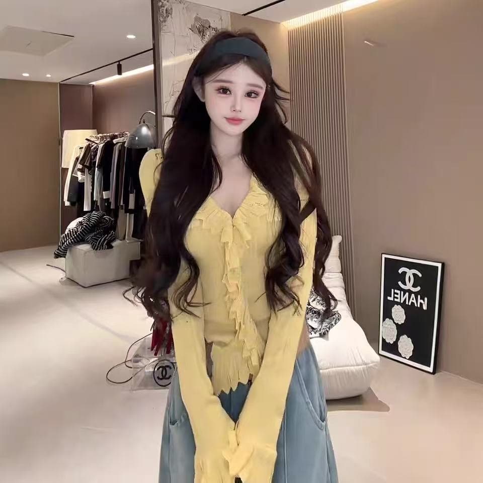 프랑스식 달콤한 스타일 프릴 긴팔 니트 스웨터 여성 2026 봄 품격 V넥 몸매 가꾸기 슬림해 보이는 만나는 맨위 이미지 6
