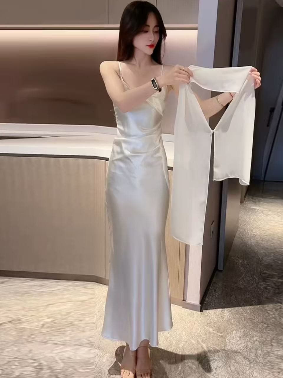 새틴 슬립 여성 드레스 여름 섹시함 순수한 욕망 인어 꼬리 예복 허리 수축 타이트 스커트 롱 스커트 플러스 숄 투피스 세트 이미지 4