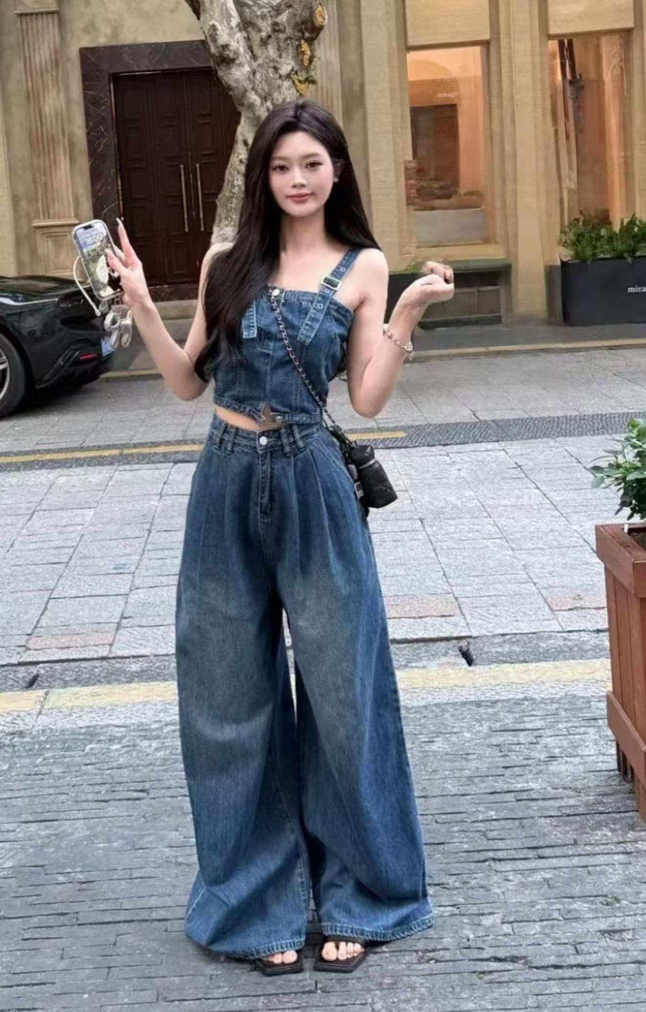 항구 바람 레트로 폴로 칼라 데님 여성 드레스 여름 새로운 고급 센스 허리 수축 슬림해 보이는 싱글 줄 버튼 조끼 미니 스커트 이미지 4
