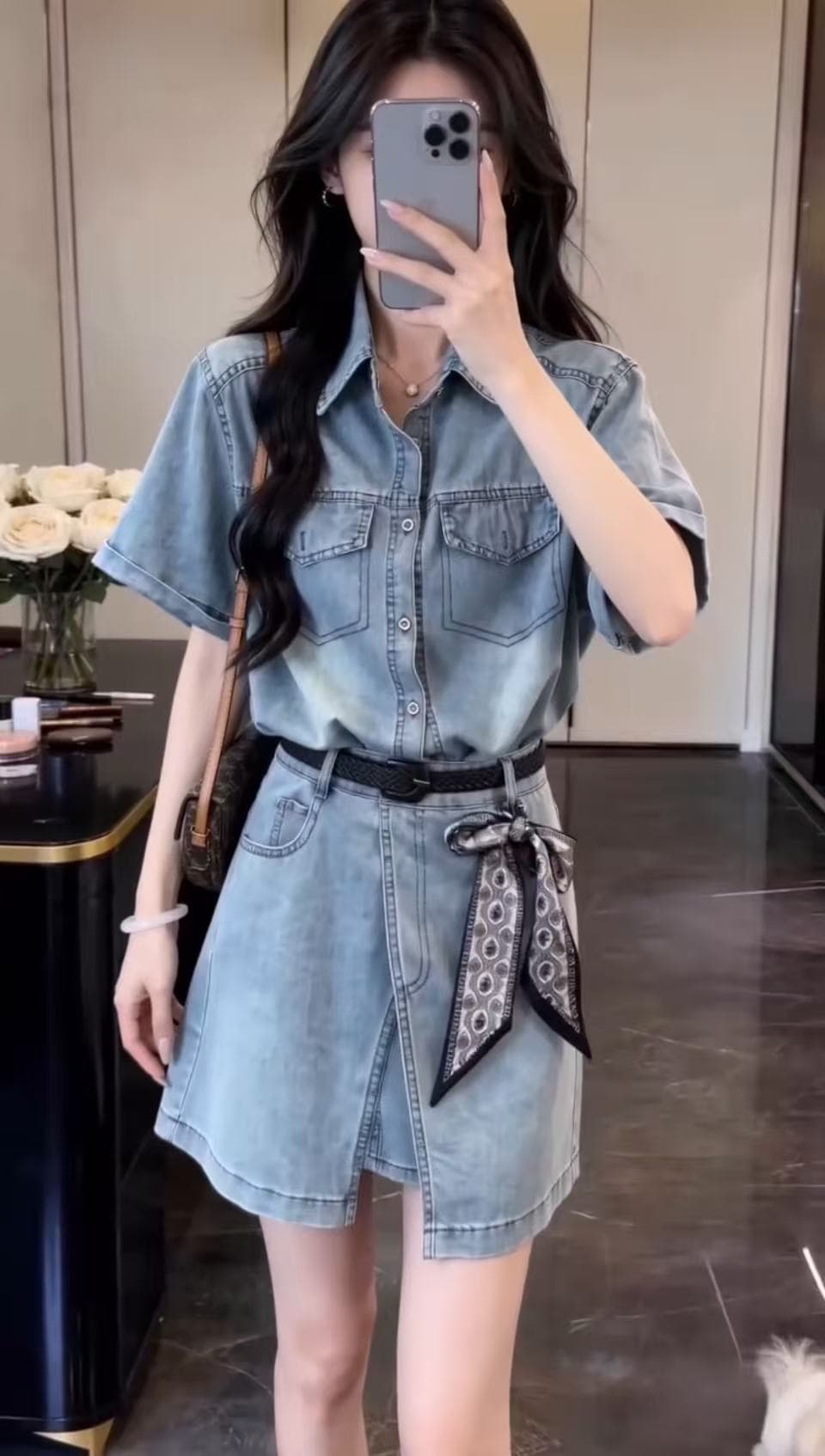 숙박 털 레트로 워크웨어 반팔 셔츠 드레스 여성 여름 레이스업 허리 수축 쇼트 스타일 한 마디 드레스 랩스커트팬츠 세트 이미지 2
