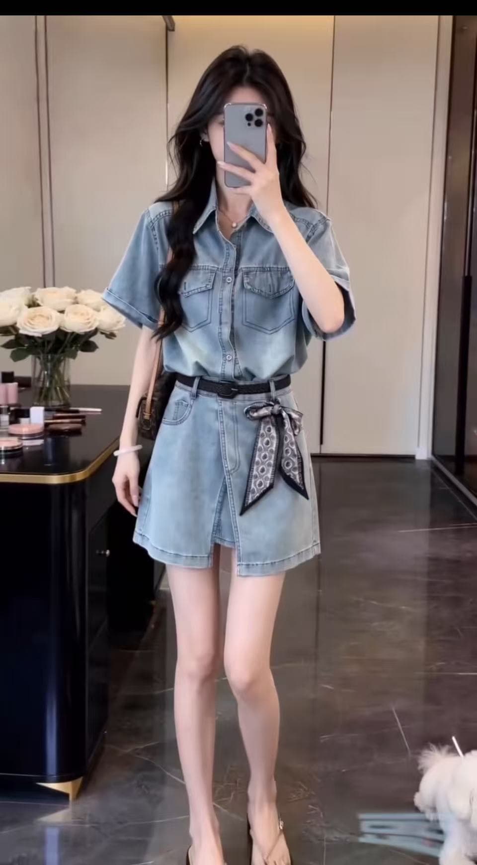 숙박 털 레트로 워크웨어 반팔 셔츠 드레스 여성 여름 레이스업 허리 수축 쇼트 스타일 한 마디 드레스 랩스커트팬츠 세트 상세 이미지 2