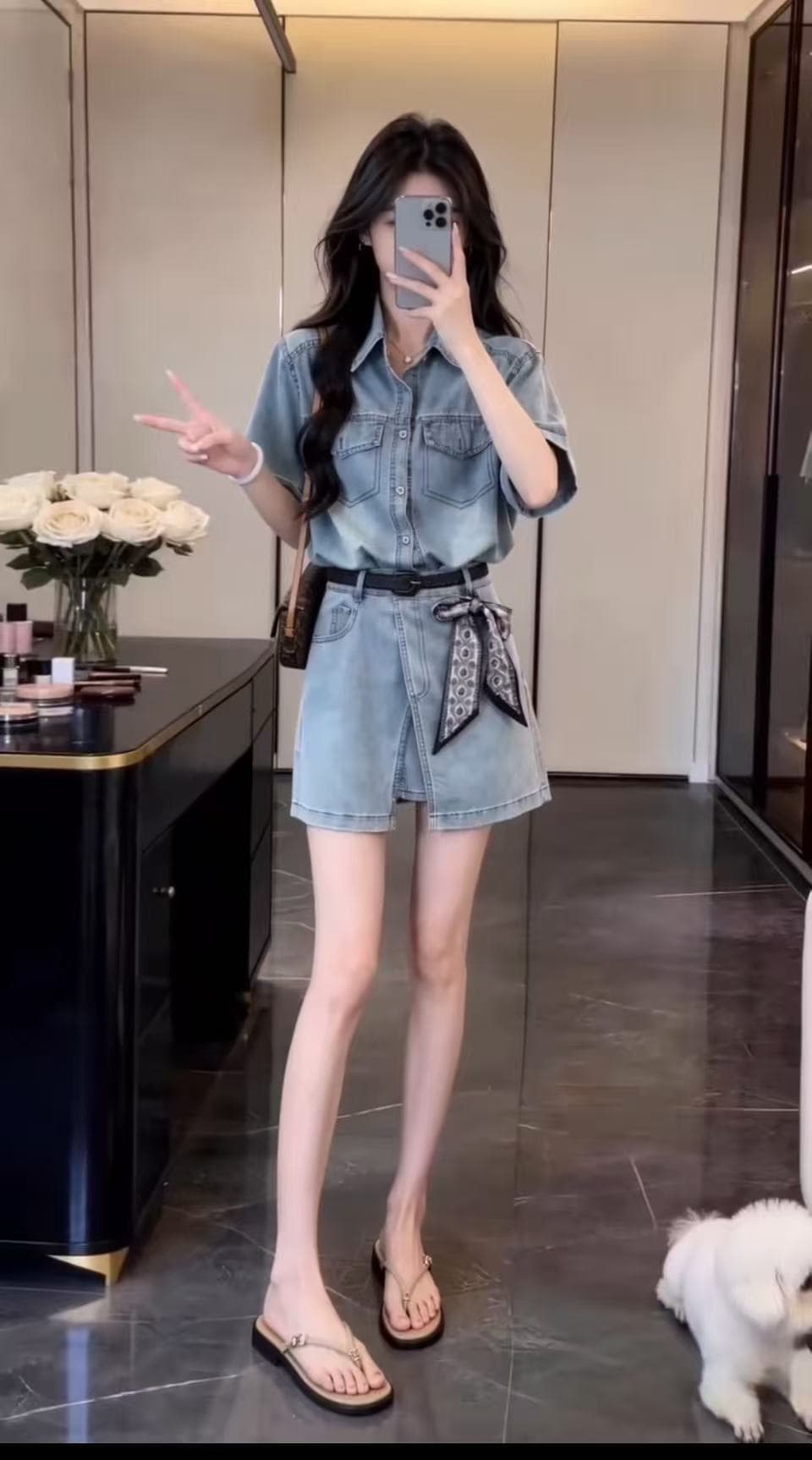 숙박 털 레트로 워크웨어 반팔 셔츠 드레스 여성 여름 레이스업 허리 수축 쇼트 스타일 한 마디 드레스 랩스커트팬츠 세트 상세 이미지 4