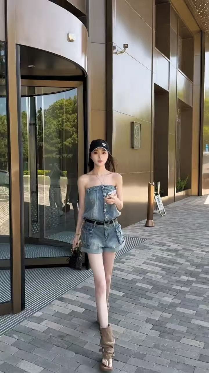 레트로 데님 튜브탑 단추 올인원 반바지 여성 하이웨이스트 스트레이트 핫걸 바람 디자인 센스 볼륨 측면 점프 슈트 바지 여름 상세 이미지 2