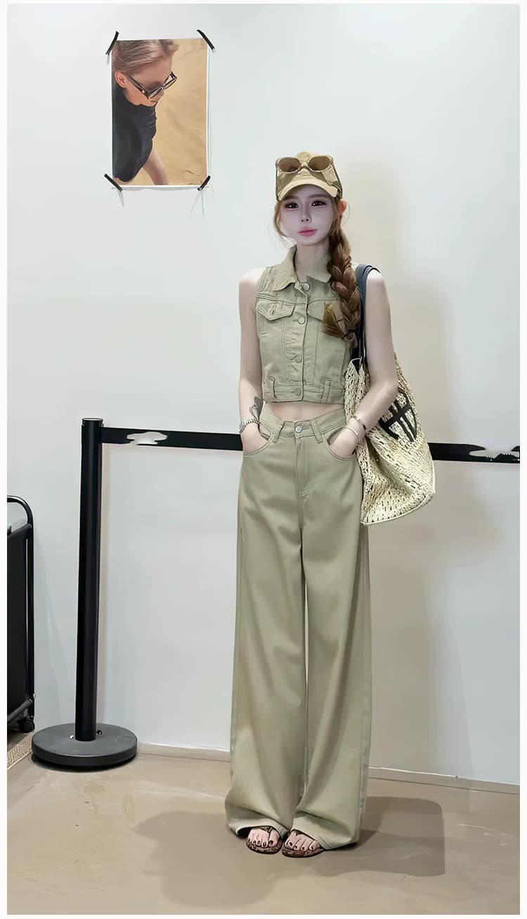 한 부서 달콤한 매운맛 바람 민소매 조끼 데님 세트 여성 여름 새로운 하이웨이스트 루즈핏 와이드 팬츠 캐주얼 투피스 세트 상세 이미지 2