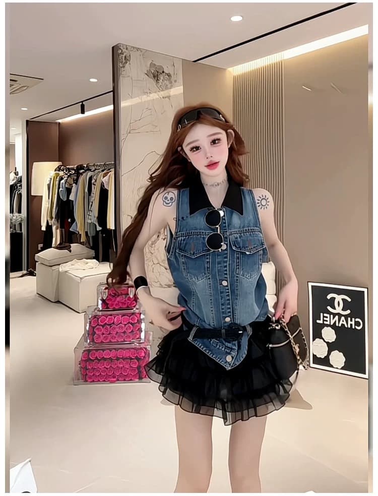 워싱 레트로 품격 디자인 센스 민소매 데님 조끼 여성 26 년 여름 인기 배색 POLO 칼라 작은 셔츠 트렌디 이미지 2