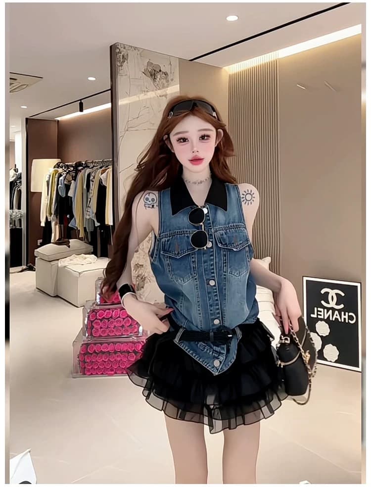 워싱 레트로 품격 디자인 센스 민소매 데님 조끼 여성 26 년 여름 인기 배색 POLO 칼라 작은 셔츠 트렌디 상세 이미지 1