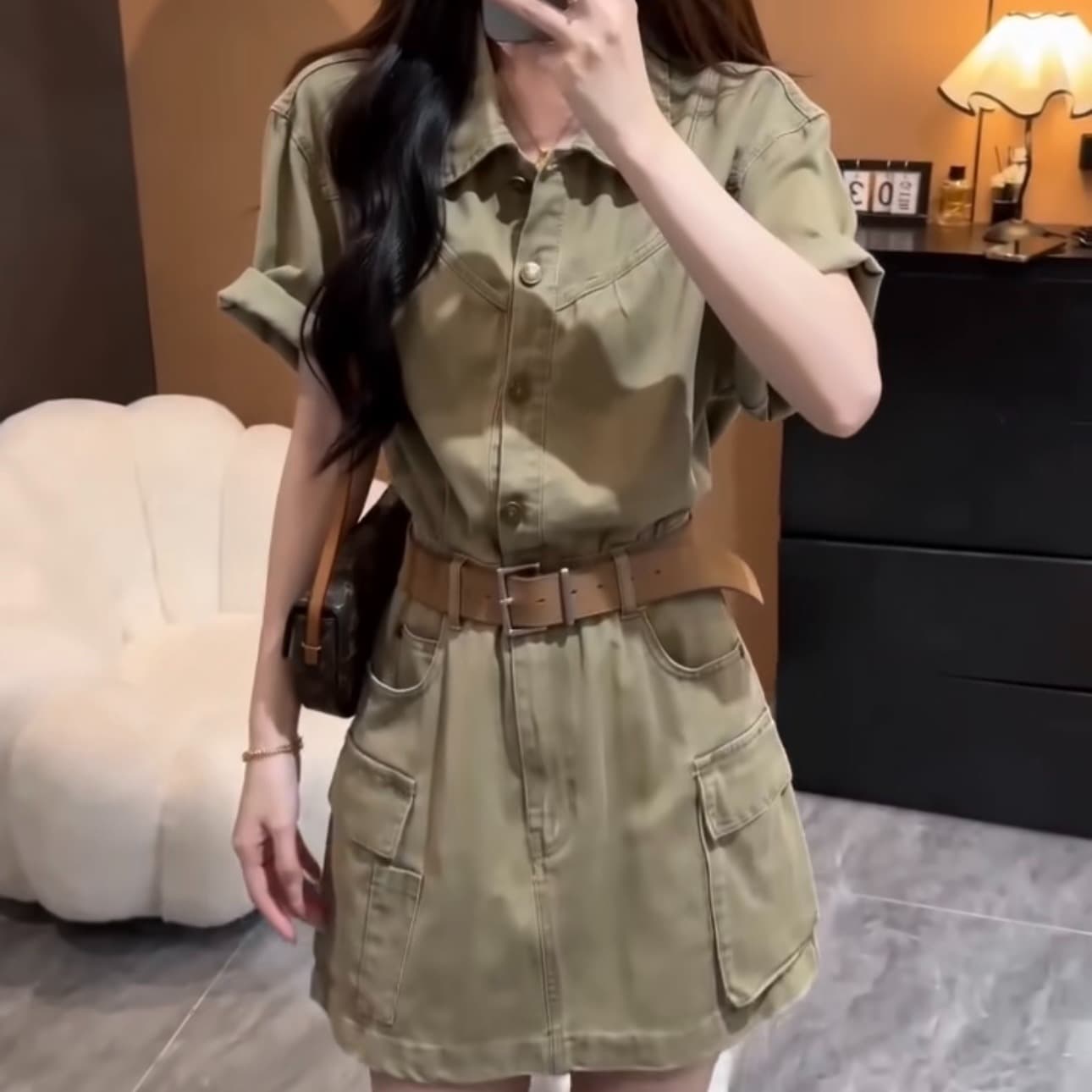 올해 인기 데님 셔츠 드레스 2026 여름 자이언트 잘 생긴 워크웨어 바람 허리 수축 레트로 타이트 스커트 미니 스커트 이미지 6