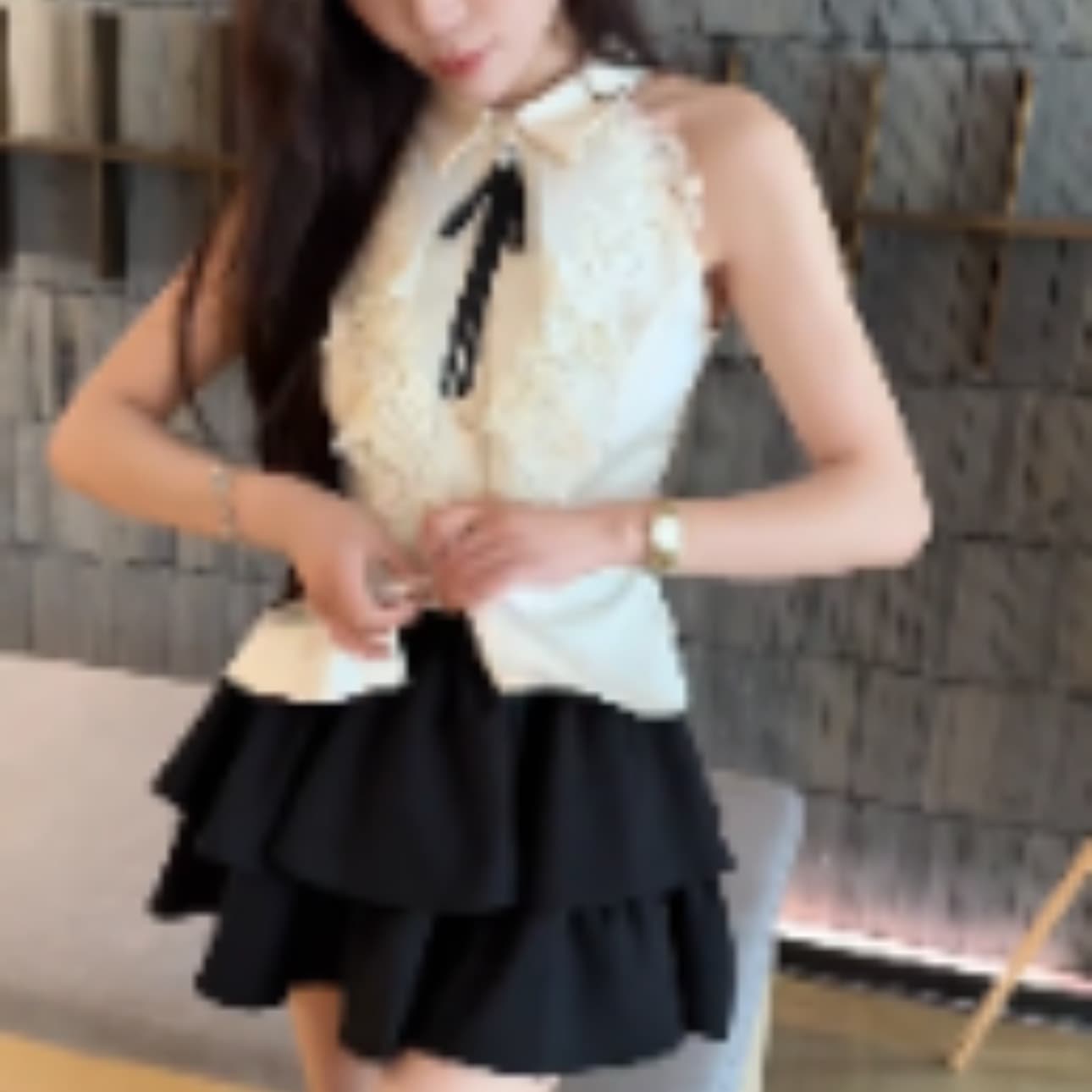 프랑스식 레트로 궁정 바람 레이스 프릴 민소매 행침 목 셔츠 맨위 검정색 슬림해 보이는 케이크 치마 세트 이미지 6