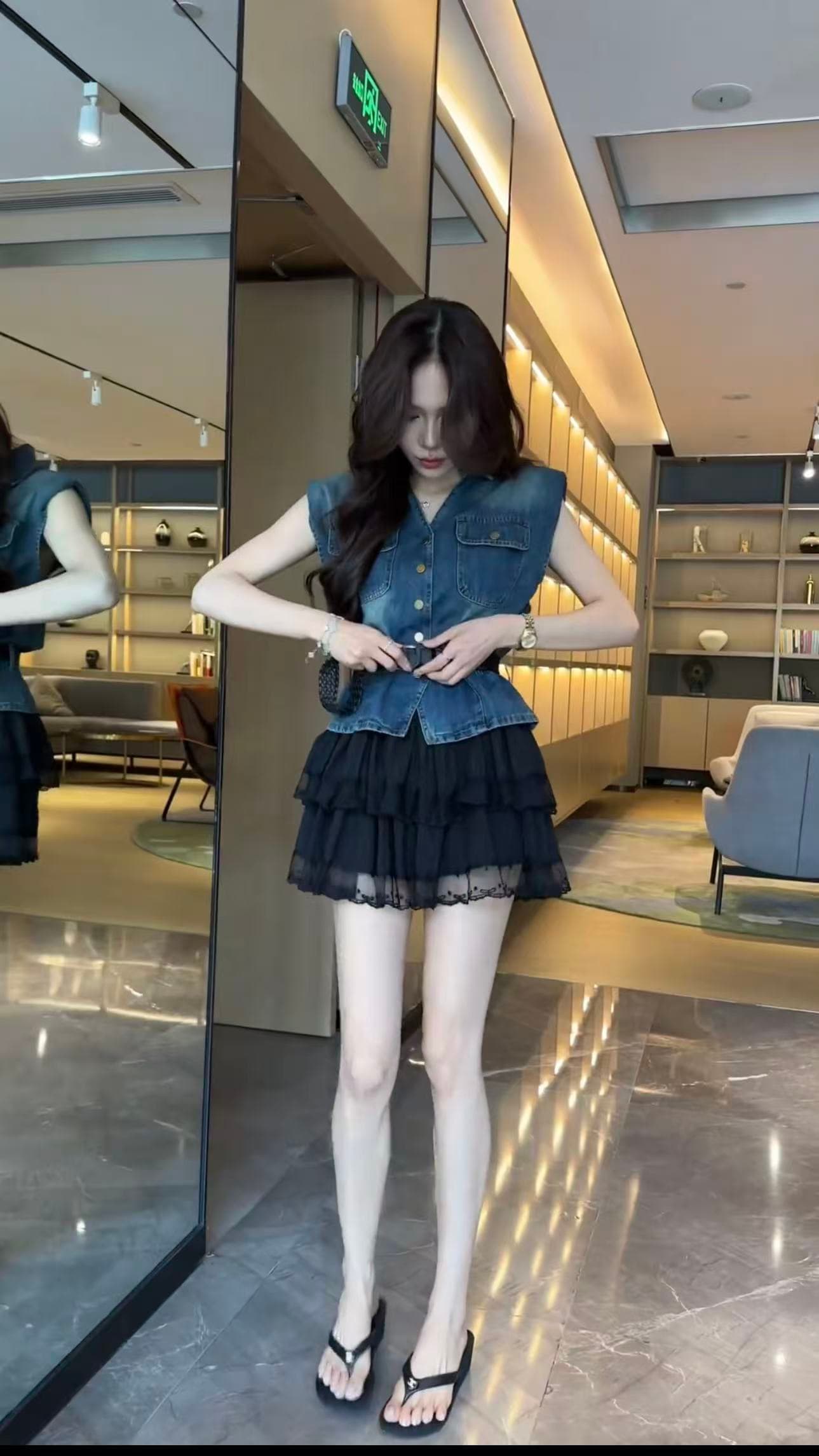 한 부서 레트로 데님 베스트 여름 허리 수축 베스트 레이스 케이크 퍼프 미니 스커트 투피스 세트 작은 키 슬림해 보이는 이미지 3