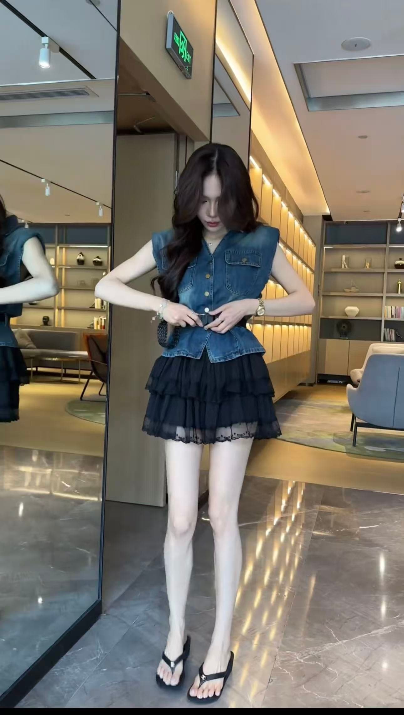 한 부서 레트로 데님 베스트 여름 허리 수축 베스트 레이스 케이크 퍼프 미니 스커트 투피스 세트 작은 키 슬림해 보이는 상세 이미지 1
