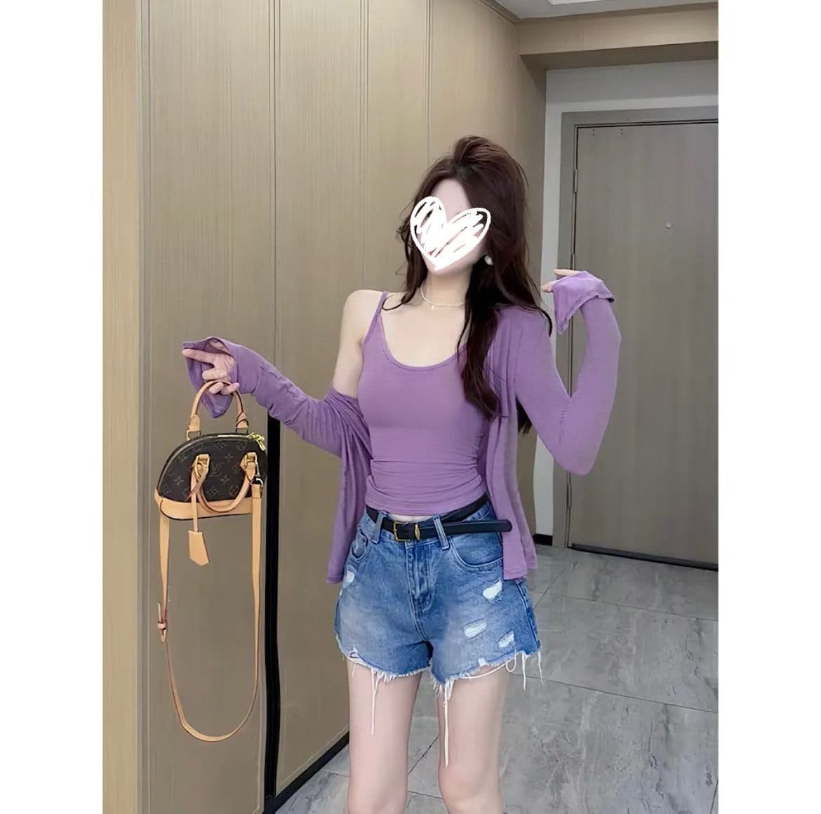 섹시함 로얄 자매 u 칼라 몸매 가꾸기 인사이드 가져 가라. 슬립 단색 긴팔 오픈 가디건 여성 여름 심장 기계 자외선 차단 투피스 세트 맨위 상세 이미지 3