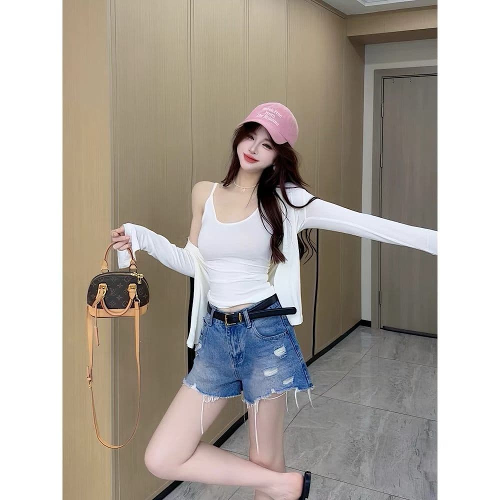 섹시함 로얄 자매 u 칼라 몸매 가꾸기 인사이드 가져 가라. 슬립 단색 긴팔 오픈 가디건 여성 여름 심장 기계 자외선 차단 투피스 세트 맨위 상세 이미지 4