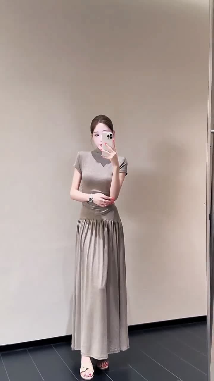 한 부서 부드러운 바람 반하이넥 반팔 티셔츠 반신 치마 세트 여성 조기 가을 착용 가져 가라. 품격 슬림해 보이는 투피스 세트 상세 이미지 1